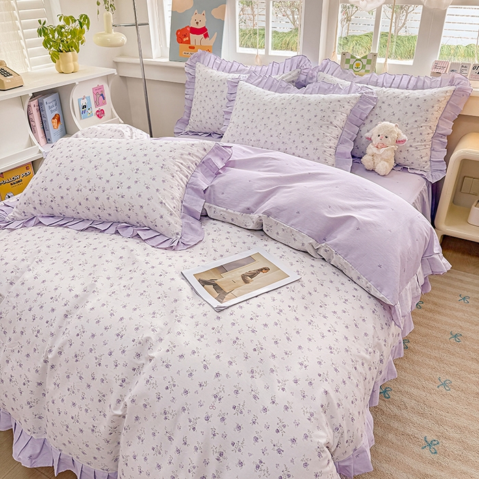 91家纺网 家纺一手货源 找家纺 缦彩 2026新款纯棉花卉公主风大花边床裙四件套 花春城