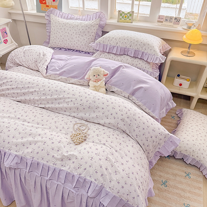 91家纺网 家纺一手货源 找家纺 缦彩 2026新款纯棉花卉公主风大花边床裙四件套 花春城