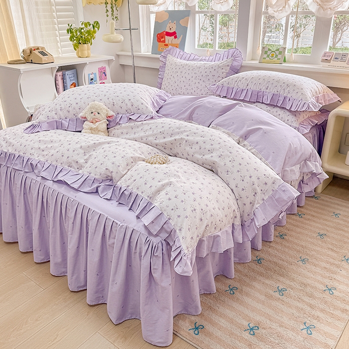 91家纺网 家纺一手货源 找家纺 缦彩 2026新款纯棉花卉公主风大花边床裙四件套 花春城