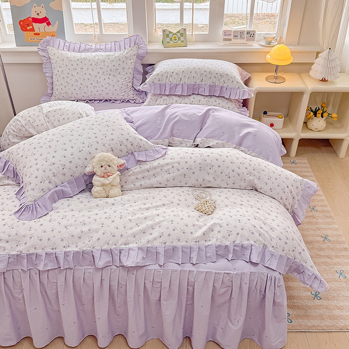 91家纺网 家纺一手货源 找家纺 缦彩 2026新款纯棉花卉公主风大花边床裙四件套 花春城