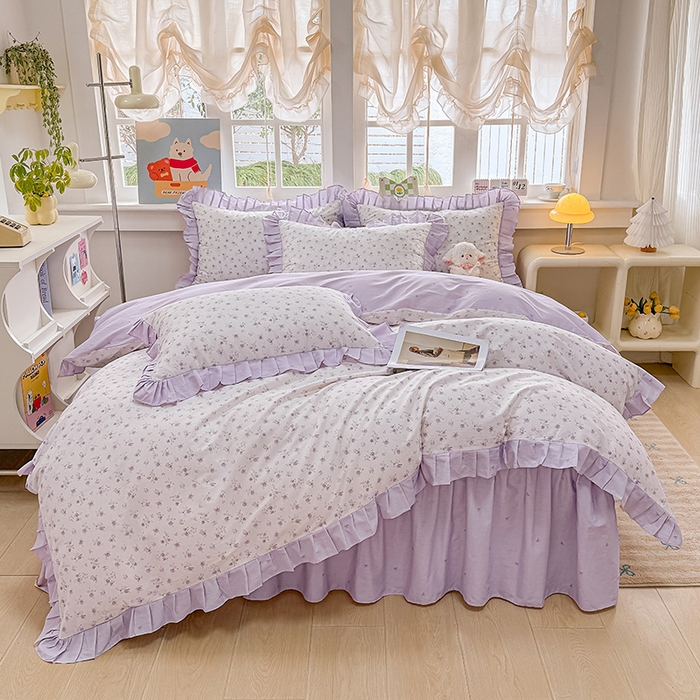 91家纺网 家纺一手货源 找家纺 缦彩 2026新款纯棉花卉公主风大花边床裙四件套 花春城