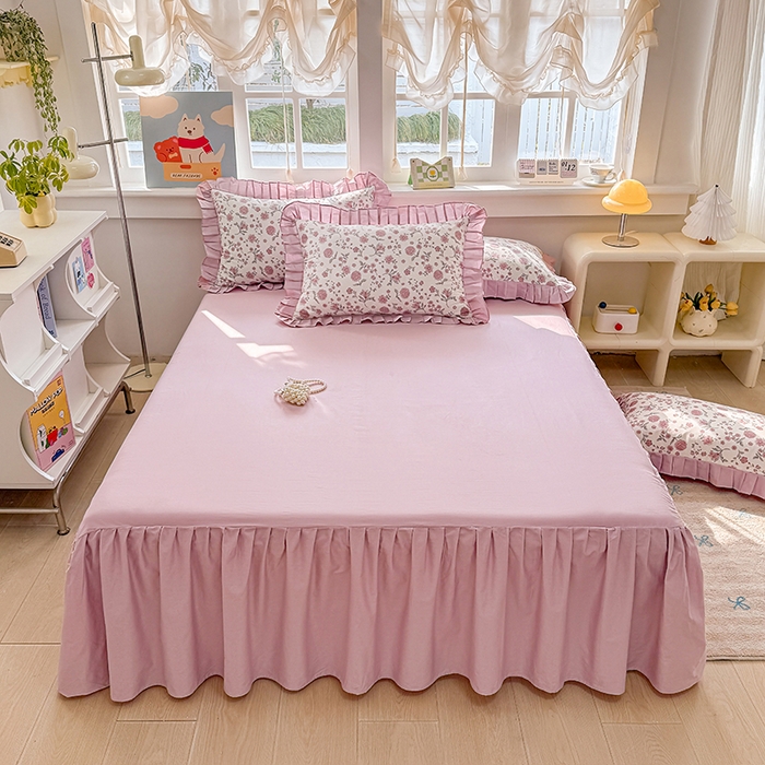 91家纺网 家纺一手货源 找家纺 缦彩 2026新款纯棉花卉公主风大花边床裙四件套 时花令-红