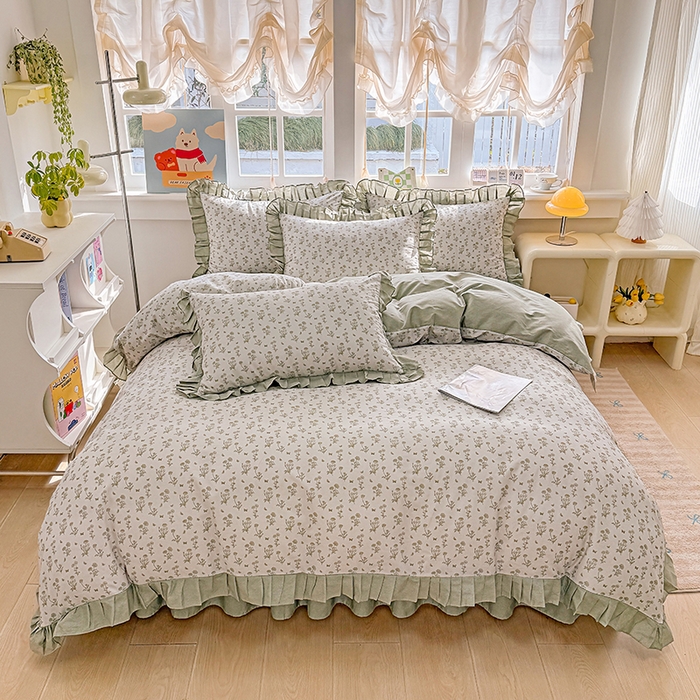 91家纺网 家纺一手货源 找家纺 缦彩 2026新款纯棉花卉公主风大花边床裙四件套 香菊-绿