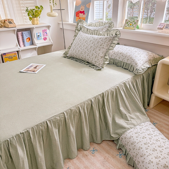 91家纺网 家纺一手货源 找家纺 缦彩 2026新款纯棉花卉公主风大花边床裙四件套 香菊-绿