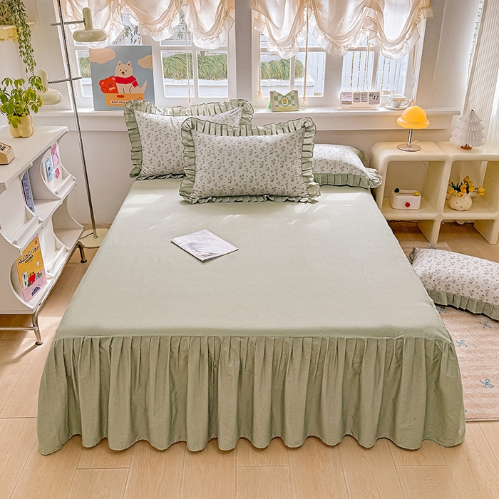 91家纺网 家纺一手货源 找家纺 缦彩 2026新款纯棉花卉公主风大花边床裙四件套 香菊-绿