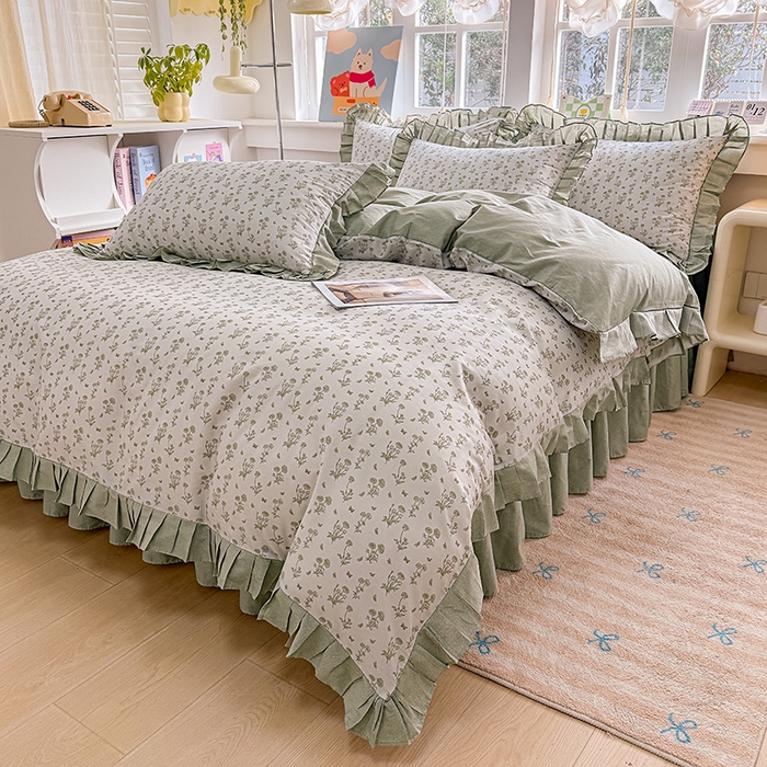 91家纺网 家纺一手货源 找家纺 缦彩 2026新款纯棉花卉公主风大花边床裙四件套 香菊-绿