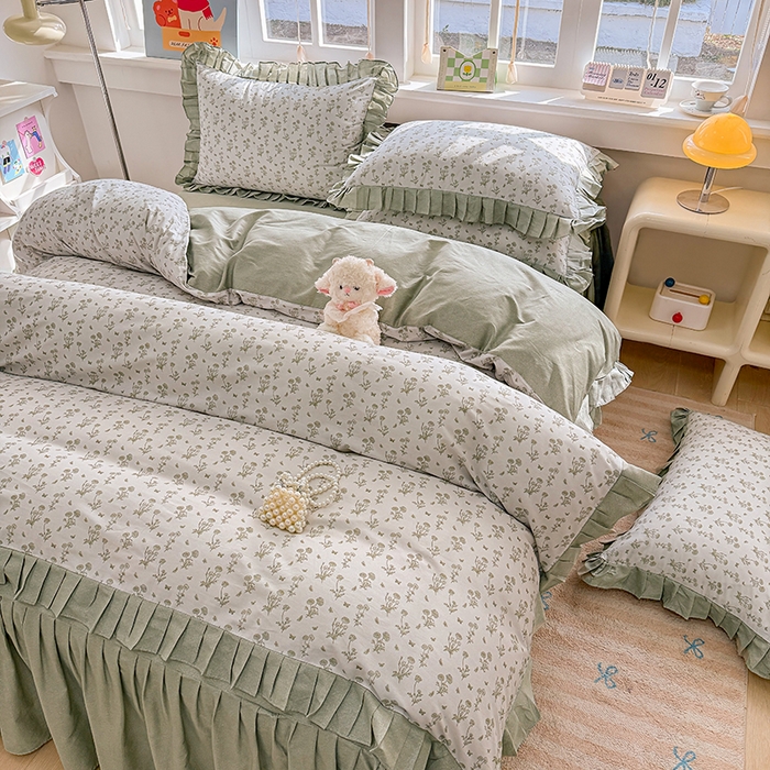91家纺网 家纺一手货源 找家纺 缦彩 2026新款纯棉花卉公主风大花边床裙四件套 香菊-绿