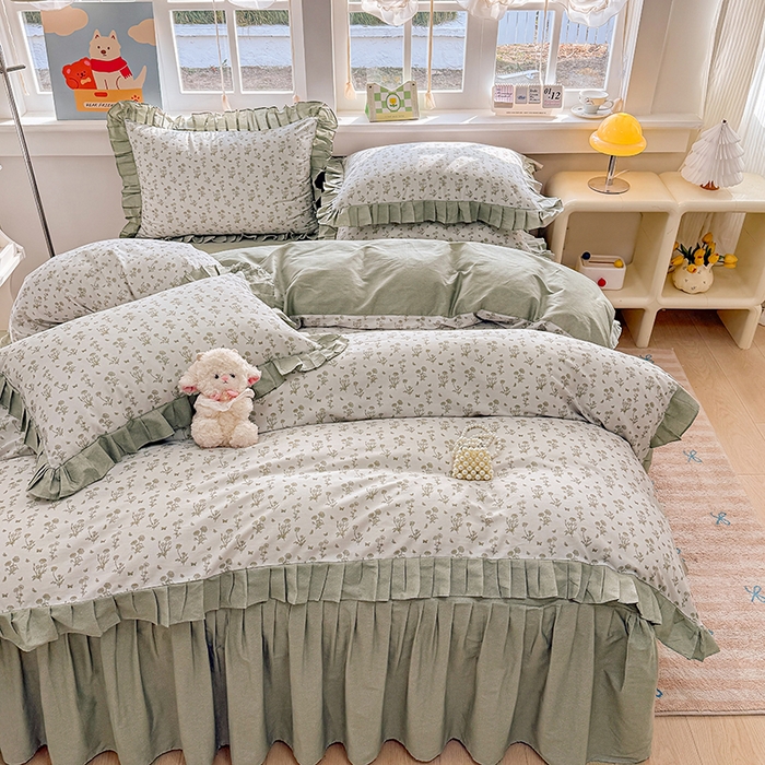 91家纺网 家纺一手货源 找家纺 缦彩 2026新款纯棉花卉公主风大花边床裙四件套 香菊-绿