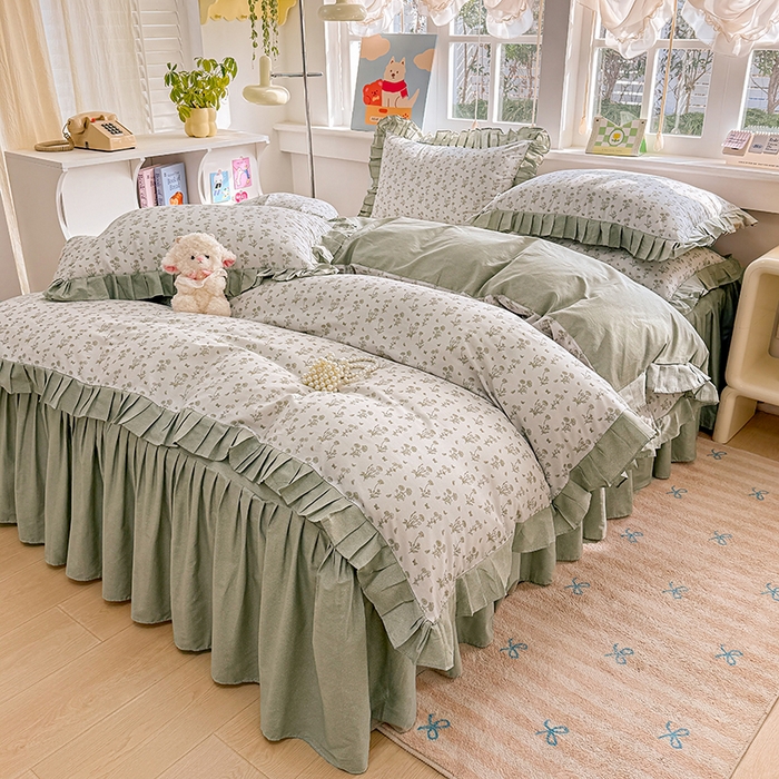 91家纺网 家纺一手货源 找家纺 缦彩 2026新款纯棉花卉公主风大花边床裙四件套 香菊-绿