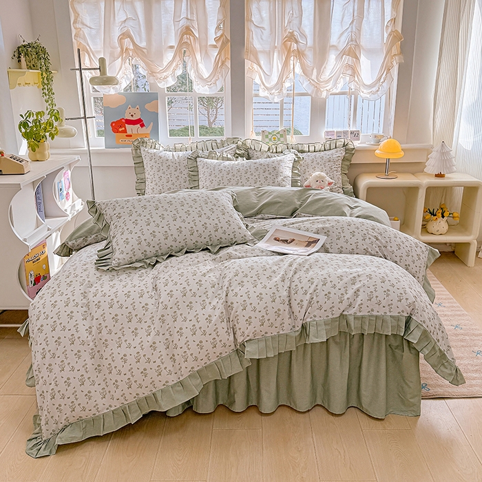 91家纺网 家纺一手货源 找家纺 缦彩 2026新款纯棉花卉公主风大花边床裙四件套 香菊-绿