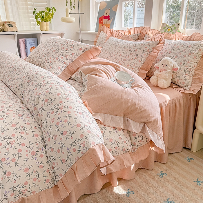 缦彩 2026新款纯棉花卉公主风大花边床裙四件套 叶语薇薇