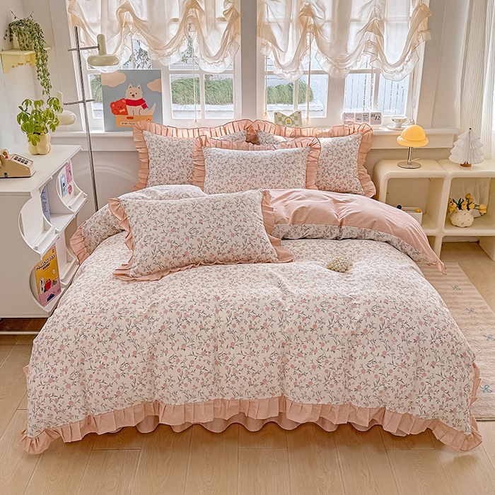 91家纺网 家纺一手货源 找家纺 缦彩 2026新款纯棉花卉公主风大花边床裙四件套 叶语薇薇