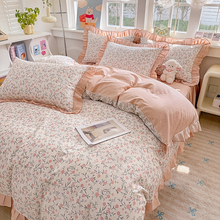 91家纺网 家纺一手货源 找家纺 缦彩 2026新款纯棉花卉公主风大花边床裙四件套 叶语薇薇