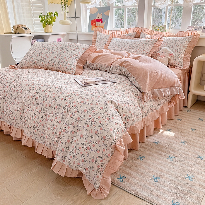 91家纺网 家纺一手货源 找家纺 缦彩 2026新款纯棉花卉公主风大花边床裙四件套 叶语薇薇