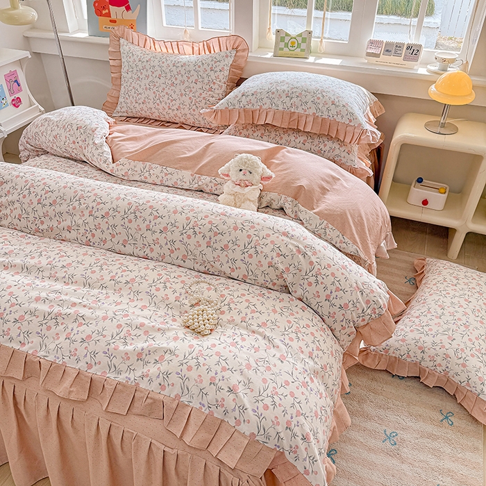 91家纺网 家纺一手货源 找家纺 缦彩 2026新款纯棉花卉公主风大花边床裙四件套 叶语薇薇