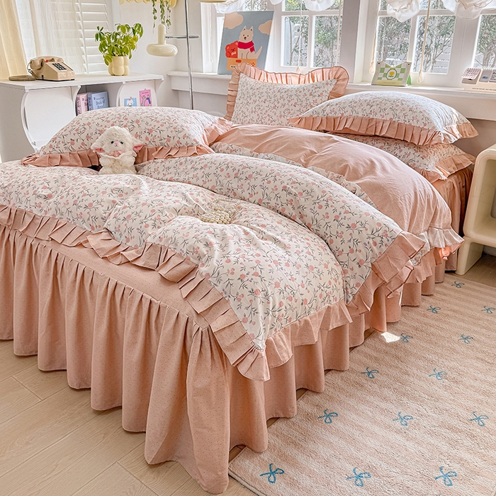 91家纺网 家纺一手货源 找家纺 缦彩 2026新款纯棉花卉公主风大花边床裙四件套 叶语薇薇