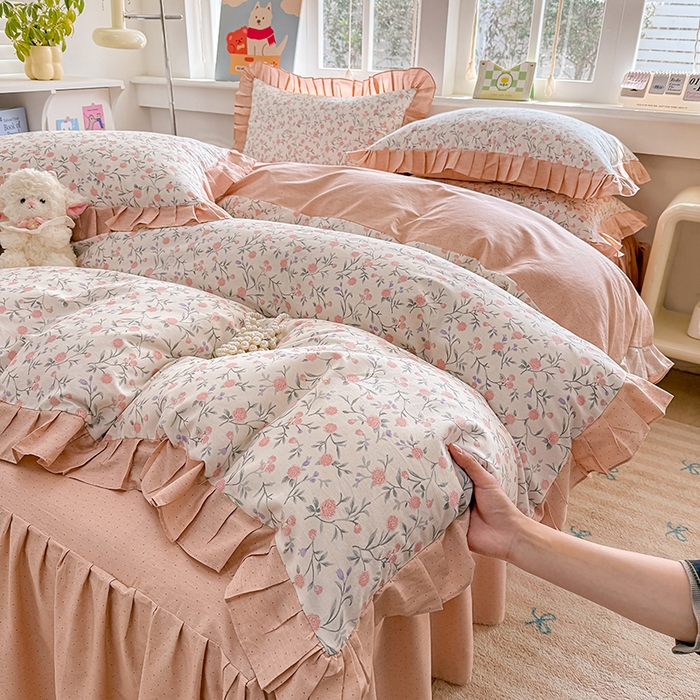 91家纺网 家纺一手货源 找家纺 缦彩 2026新款纯棉花卉公主风大花边床裙四件套 叶语薇薇