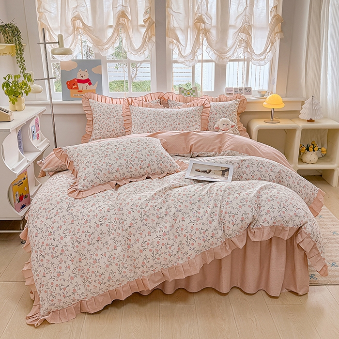 91家纺网 家纺一手货源 找家纺 缦彩 2026新款纯棉花卉公主风大花边床裙四件套 叶语薇薇