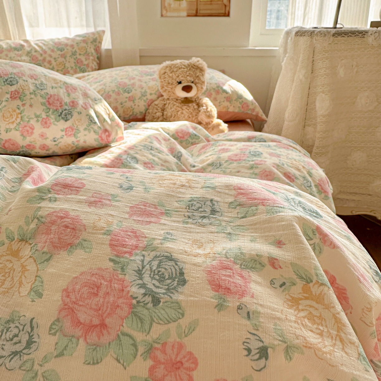 91家纺网 家纺一手货源 找家纺 赫然家纺 2026春夏新款云感皱皱纱单枕套 枕套单件 陌上花开