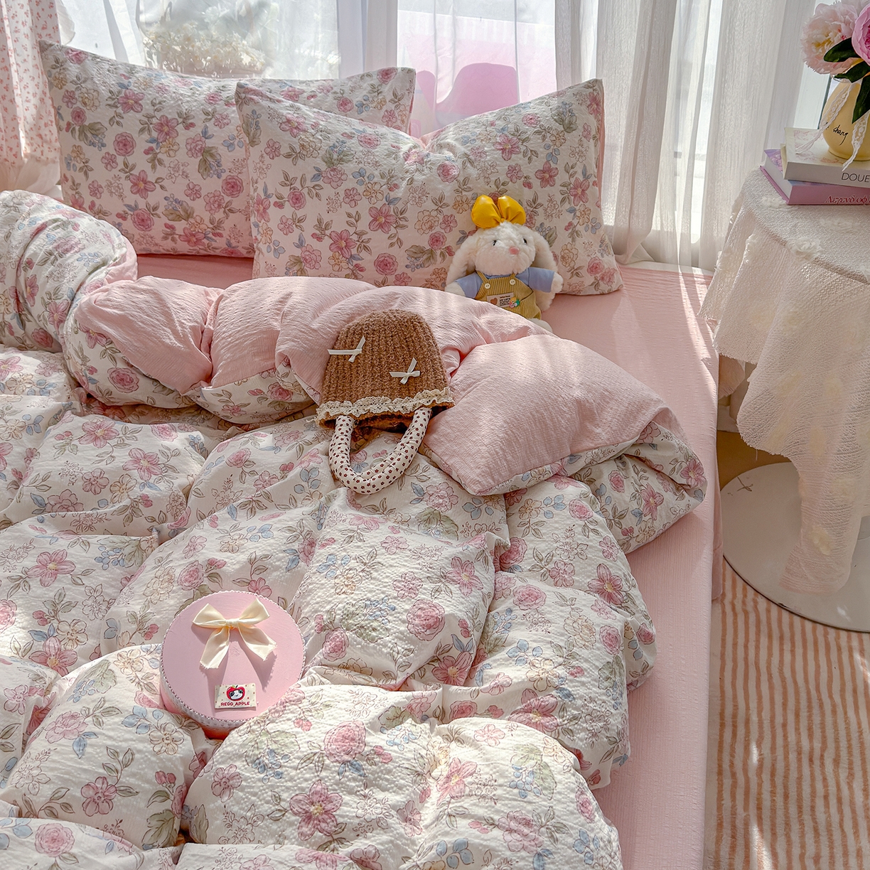 91家纺网 家纺一手货源 找家纺 竹合家纺 2026春夏新品高克重A类泡芙纱泡泡皱皱纱四件套 温莎粉