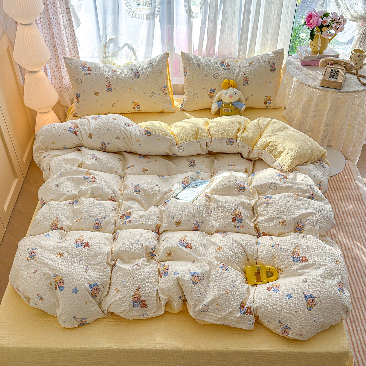 91家纺网 家纺一手货源 找家纺 竹合家纺 2026春夏新品高克重A类泡芙纱泡泡皱皱纱四件套 晚安宝贝