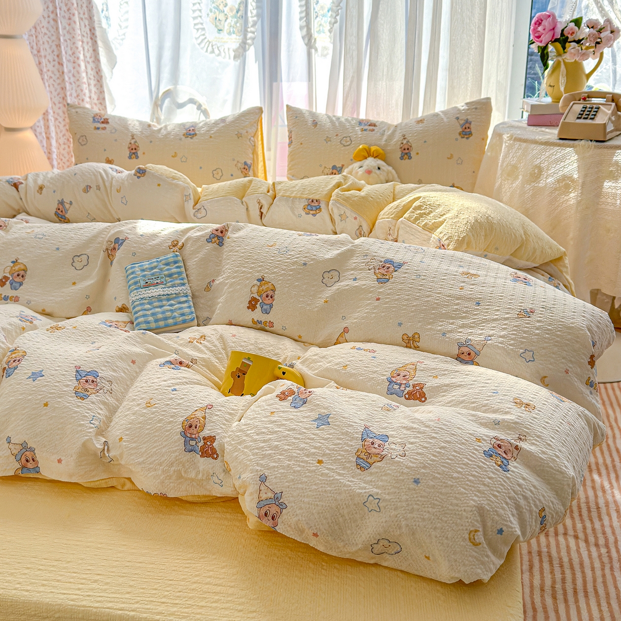 91家纺网 家纺一手货源 找家纺 竹合家纺 2026春夏新品高克重A类泡芙纱泡泡皱皱纱四件套 晚安宝贝