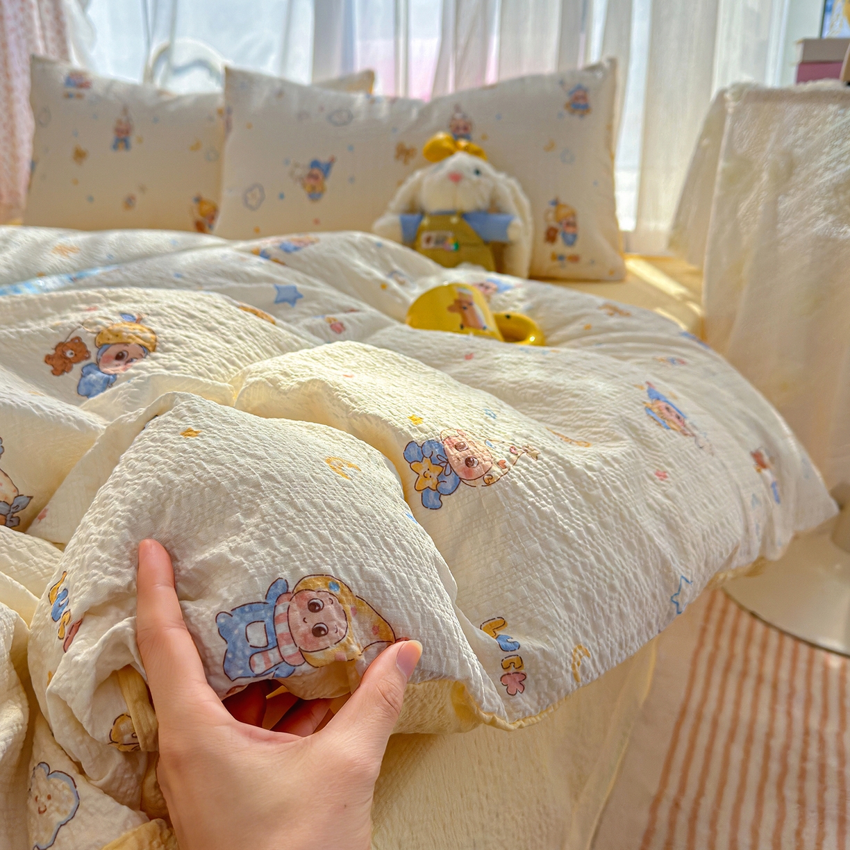 91家纺网 家纺一手货源 找家纺 竹合家纺 2026春夏新品高克重A类泡芙纱泡泡皱皱纱四件套 晚安宝贝