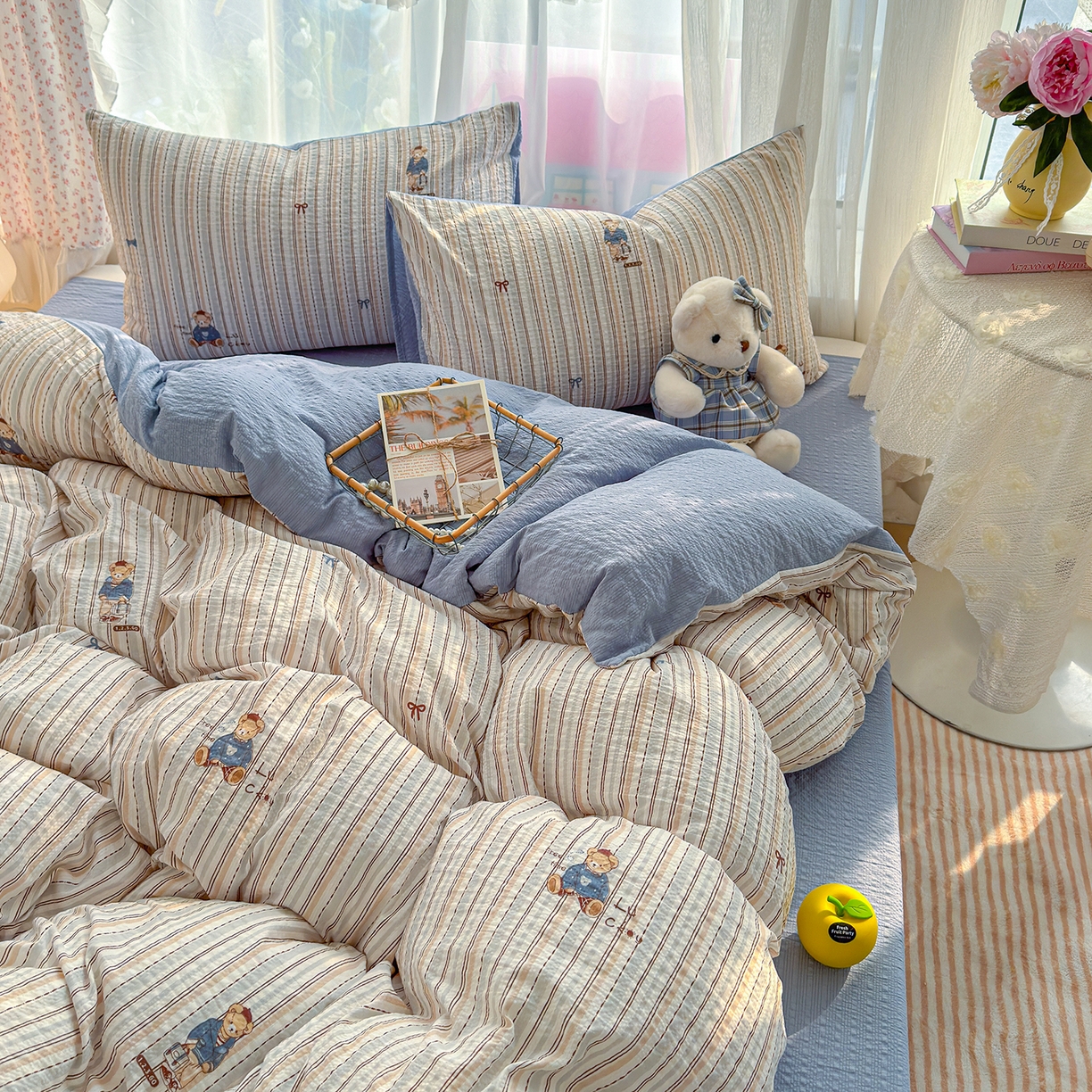 91家纺网 家纺一手货源 找家纺 竹合家纺 2026春夏新品高克重A类泡芙纱泡泡皱皱纱四件套 熊先生