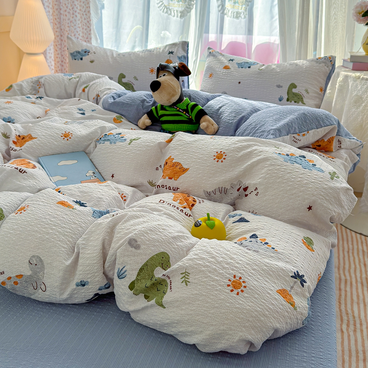 91家纺网 家纺一手货源 找家纺 竹合家纺 2026春夏新品高克重A类泡芙纱泡泡皱皱纱四件套 侏罗纪