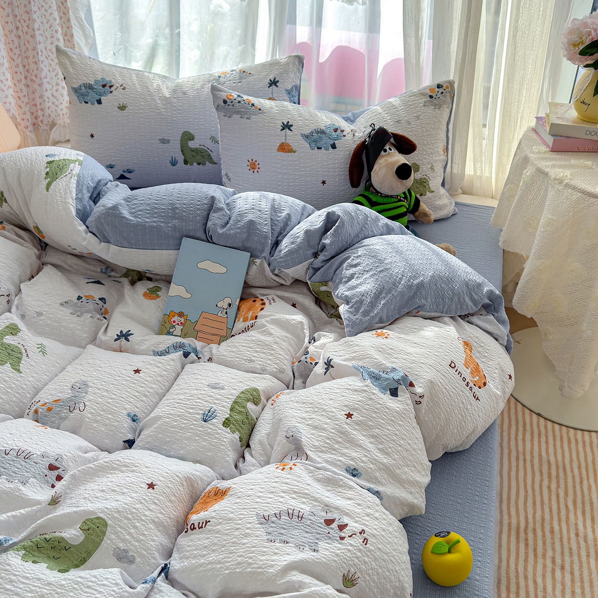 91家纺网 家纺一手货源 找家纺 竹合家纺 2026春夏新品高克重A类泡芙纱泡泡皱皱纱四件套 侏罗纪