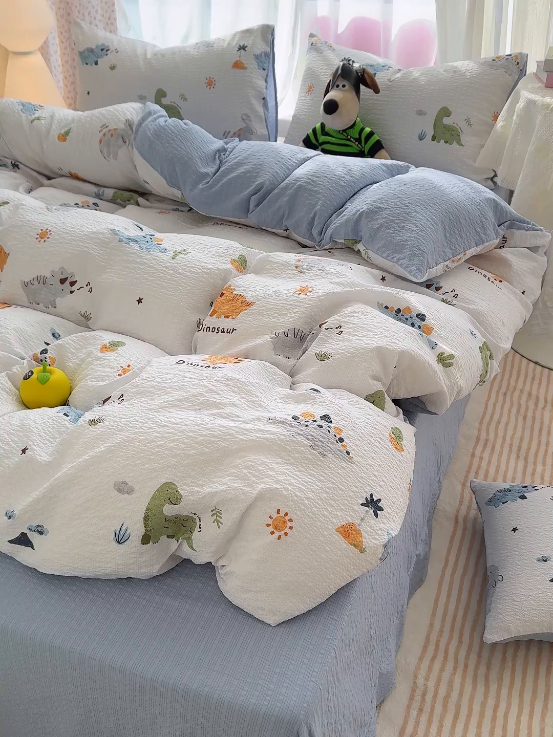 91家纺网 家纺一手货源 找家纺 竹合家纺 2026春夏新品高克重A类泡芙纱泡泡皱皱纱四件套 侏罗纪