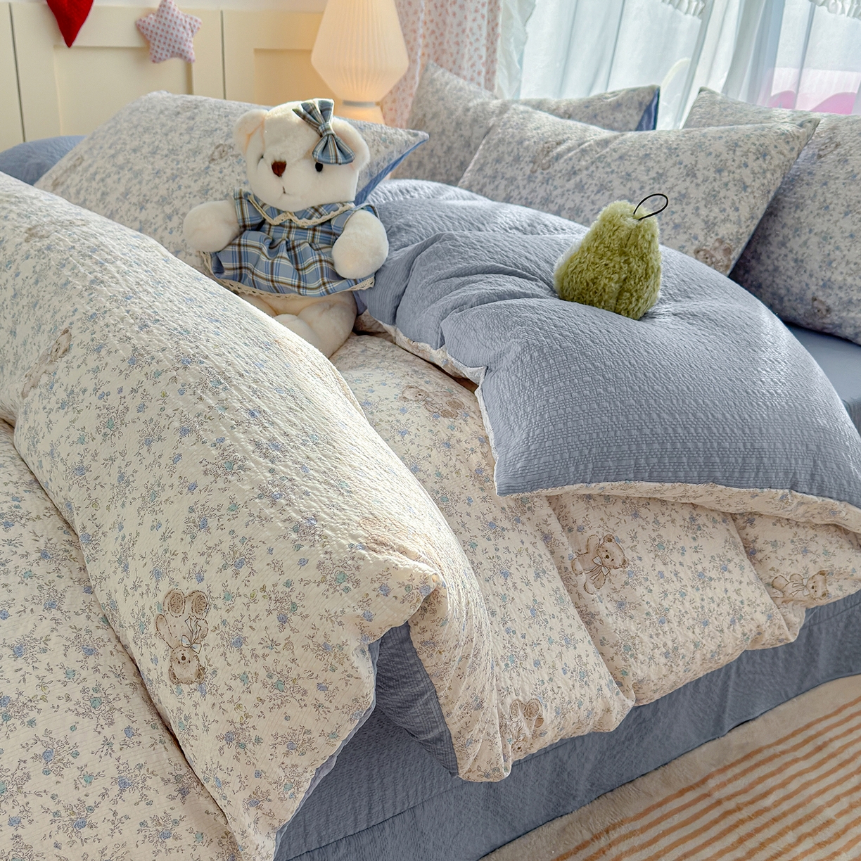 竹合家纺 2026春夏新品高克重A类泡芙纱泡泡皱皱纱四件套 花中小熊