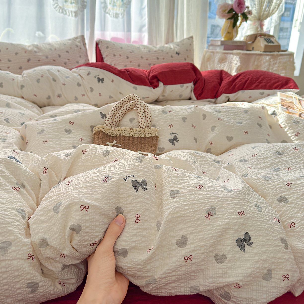 91家纺网 家纺一手货源 找家纺 竹合家纺 2026春夏新品高克重A类泡芙纱泡泡皱皱纱四件套 复古结美