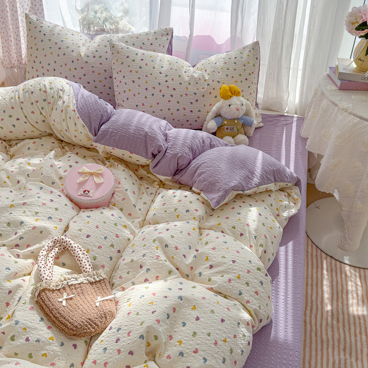 91家纺网 家纺一手货源 找家纺 竹合家纺 2026春夏新品高克重A类泡芙纱泡泡皱皱纱四件套 爱心点点