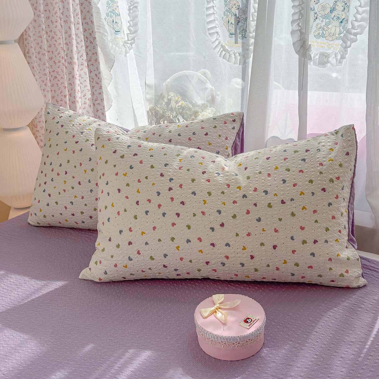 91家纺网 家纺一手货源 找家纺 竹合家纺 2026春夏新品高克重A类泡芙纱泡泡皱皱纱四件套 爱心点点