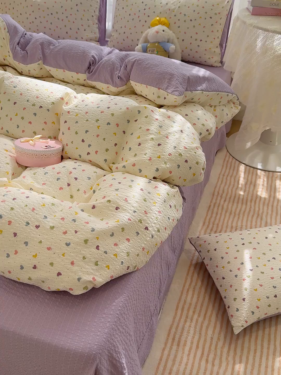 91家纺网 家纺一手货源 找家纺 竹合家纺 2026春夏新品高克重A类泡芙纱泡泡皱皱纱四件套 爱心点点