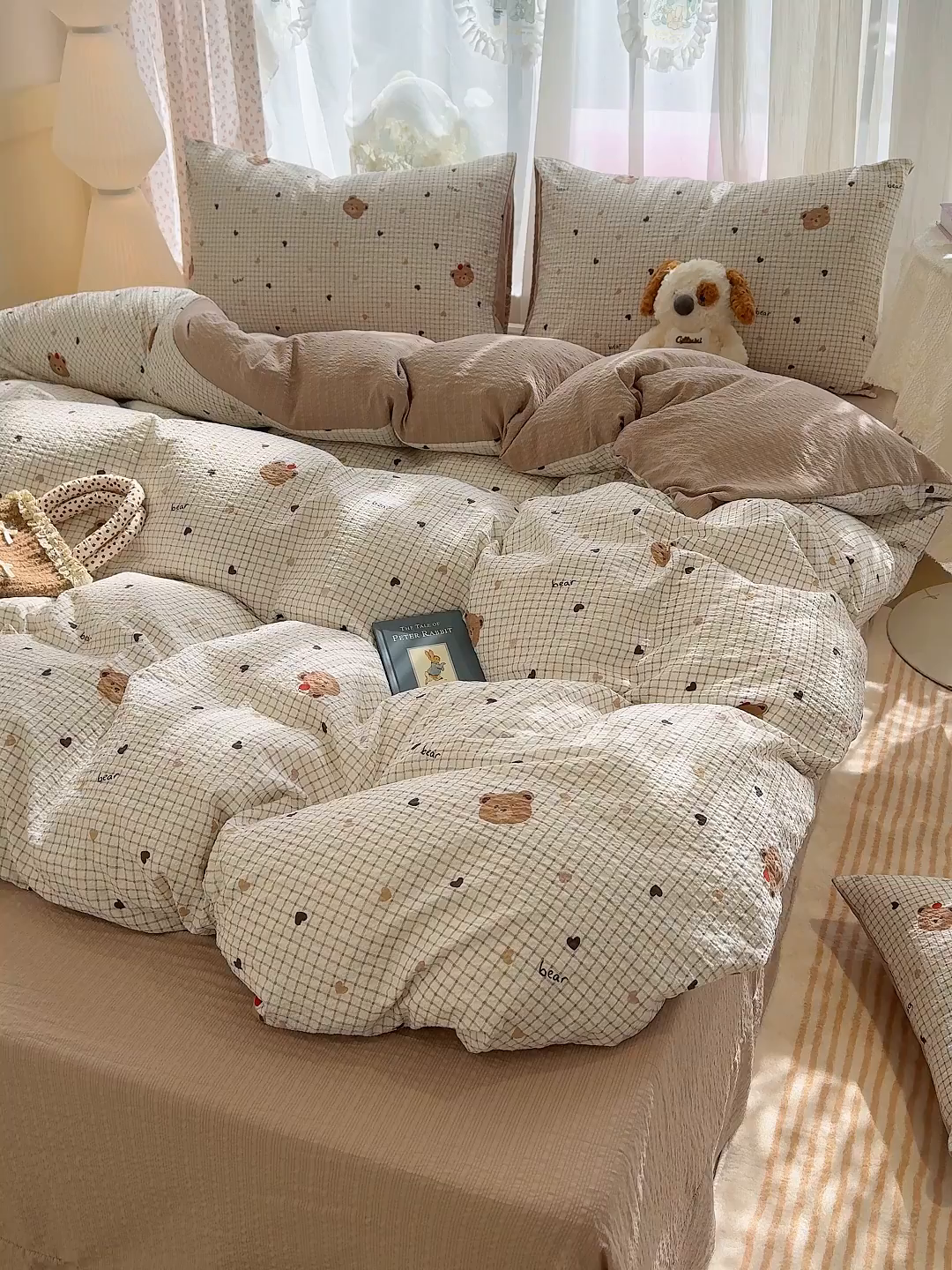 91家纺网 家纺一手货源 找家纺 竹合家纺 2026春夏新品高克重A类泡芙纱泡泡皱皱纱四件套 爱心小熊