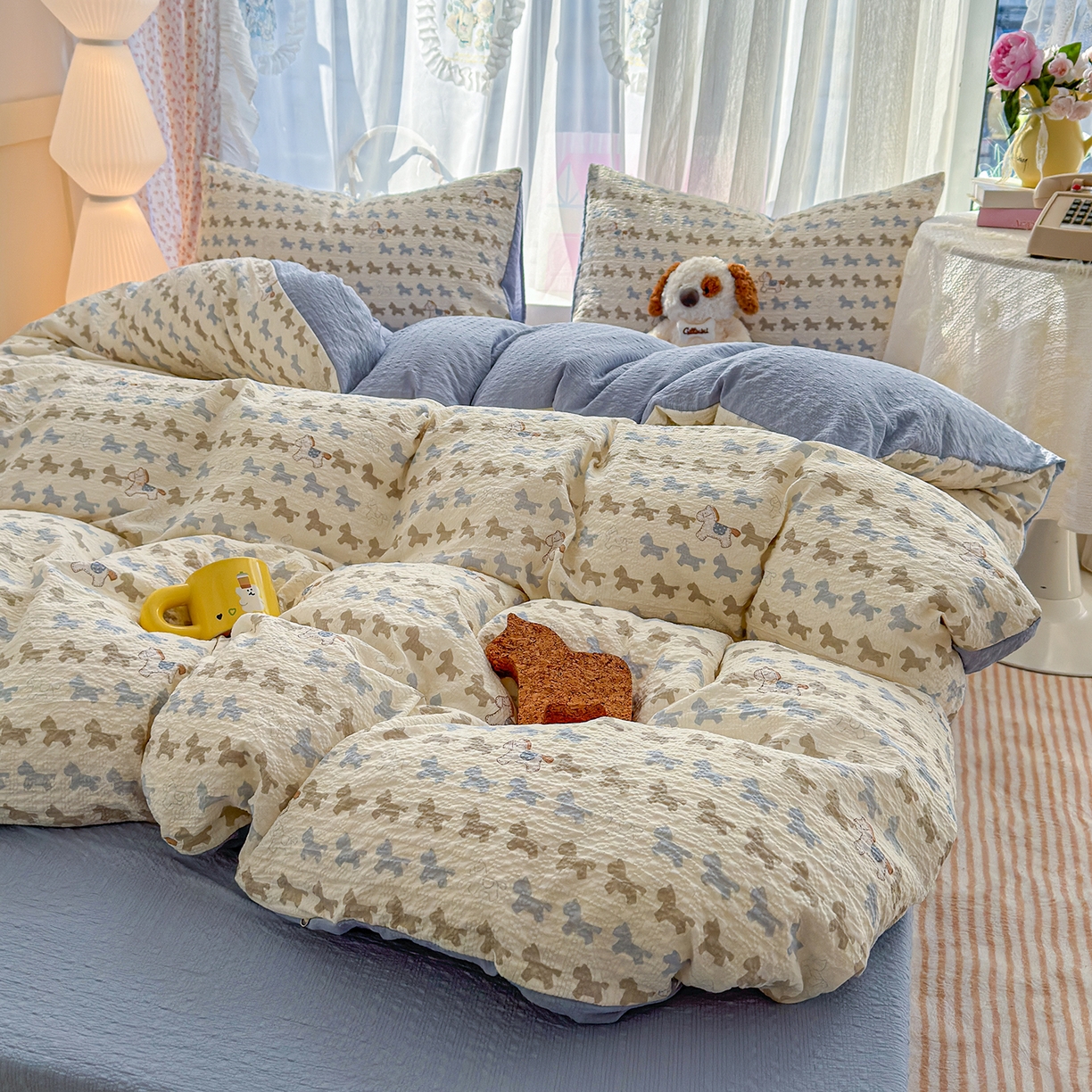 91家纺网 家纺一手货源 找家纺 竹合家纺 2026春夏新品高克重A类泡芙纱泡泡皱皱纱四件套 马到成功