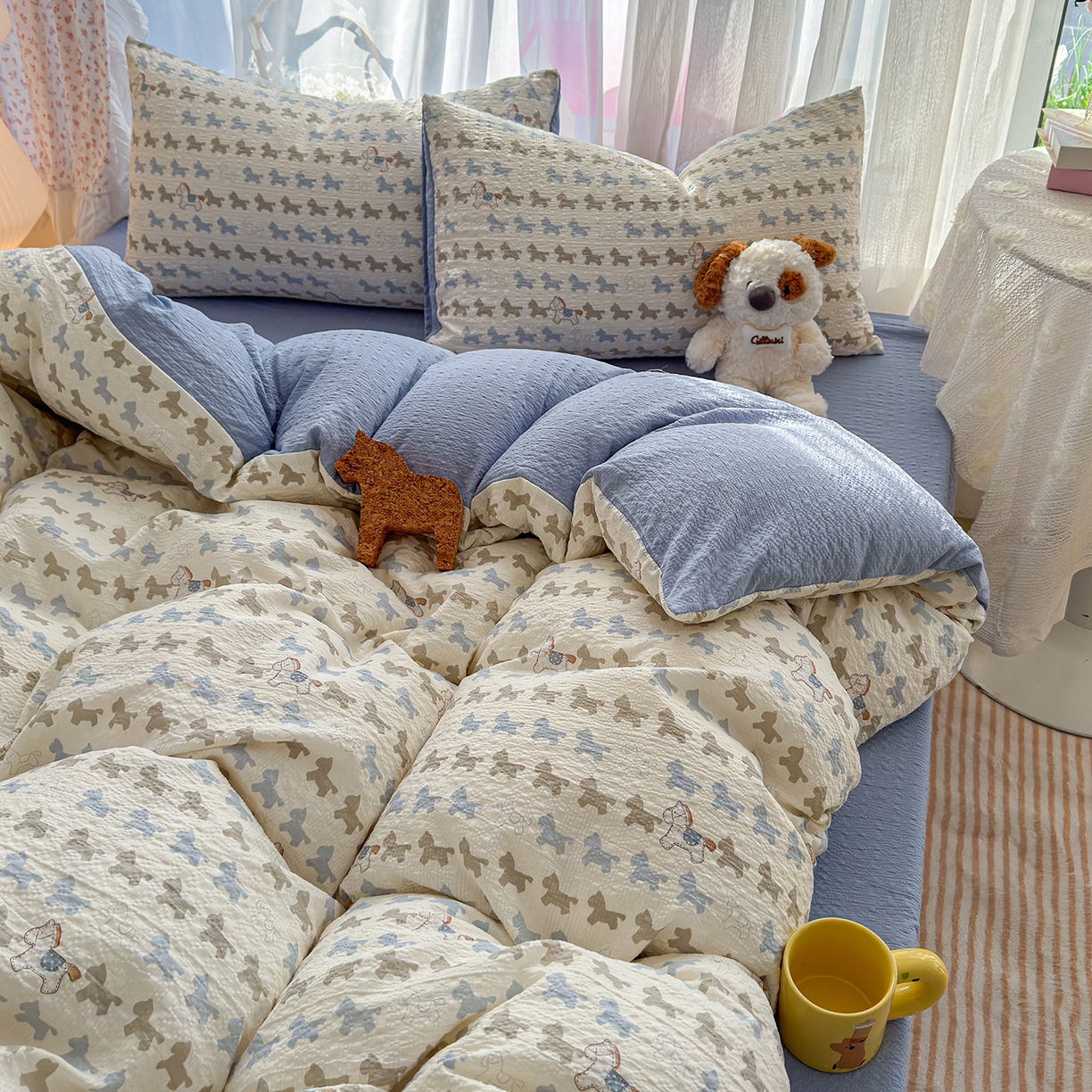 91家纺网 家纺一手货源 找家纺 竹合家纺 2026春夏新品高克重A类泡芙纱泡泡皱皱纱四件套 马到成功