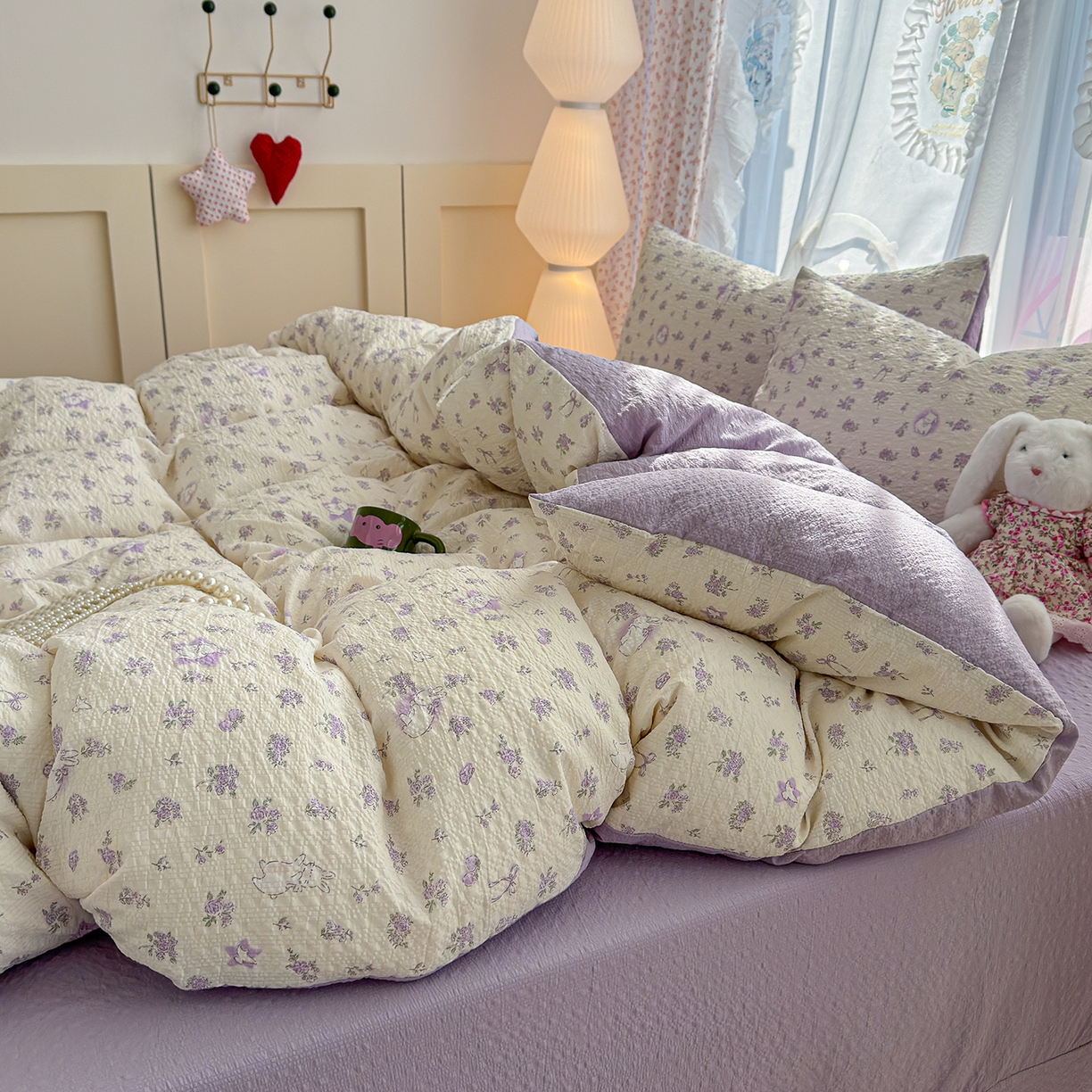 91家纺网 家纺一手货源 找家纺 竹合家纺 2026春夏新品高克重A类泡芙纱泡泡皱皱纱四件套 紫色花园