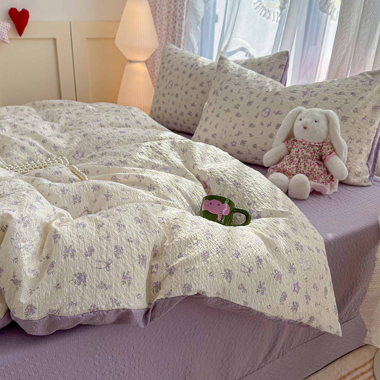 91家纺网 家纺一手货源 找家纺 竹合家纺 2026春夏新品高克重A类泡芙纱泡泡皱皱纱四件套 紫色花园