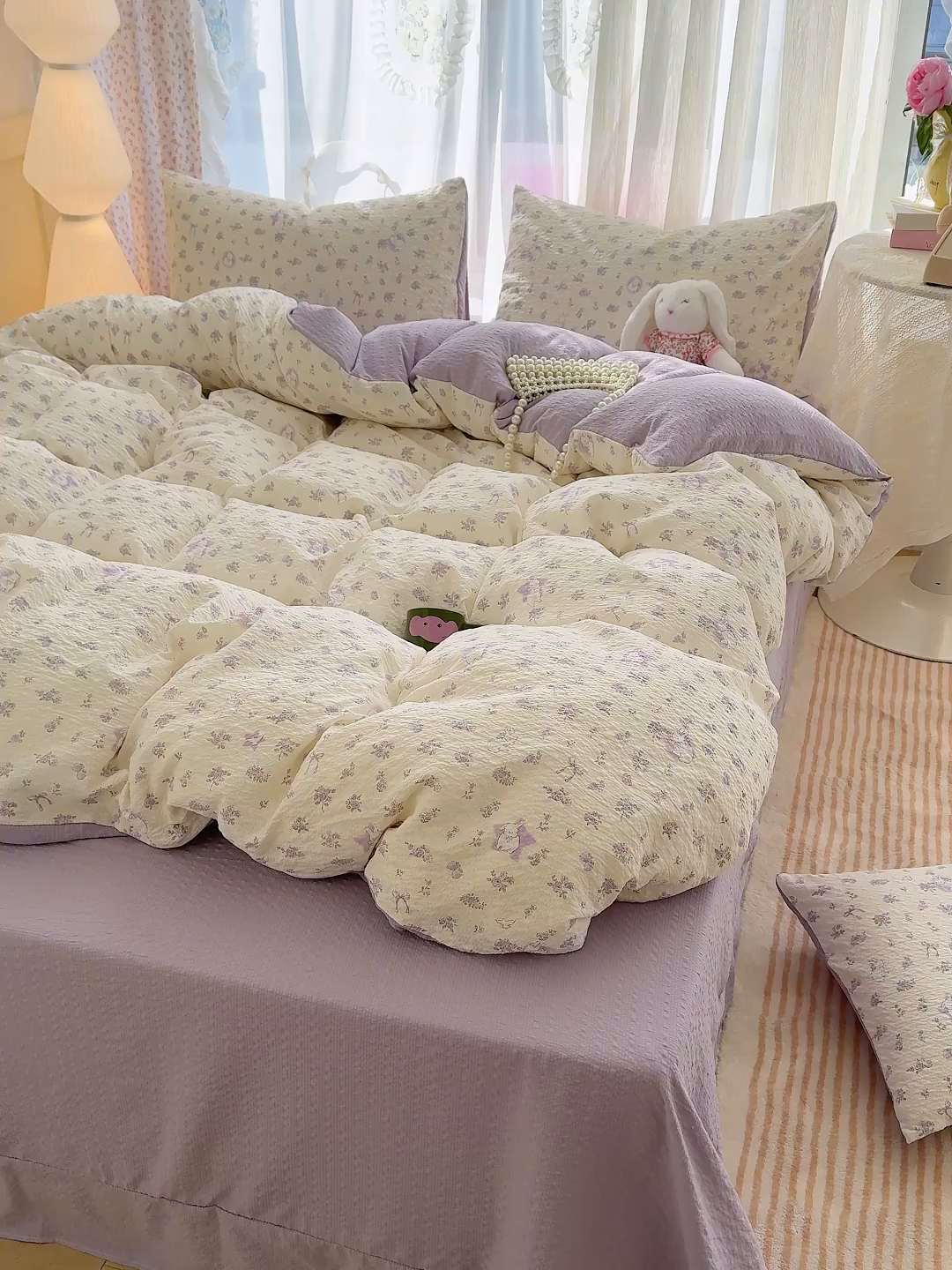 91家纺网 家纺一手货源 找家纺 竹合家纺 2026春夏新品高克重A类泡芙纱泡泡皱皱纱四件套 紫色花园