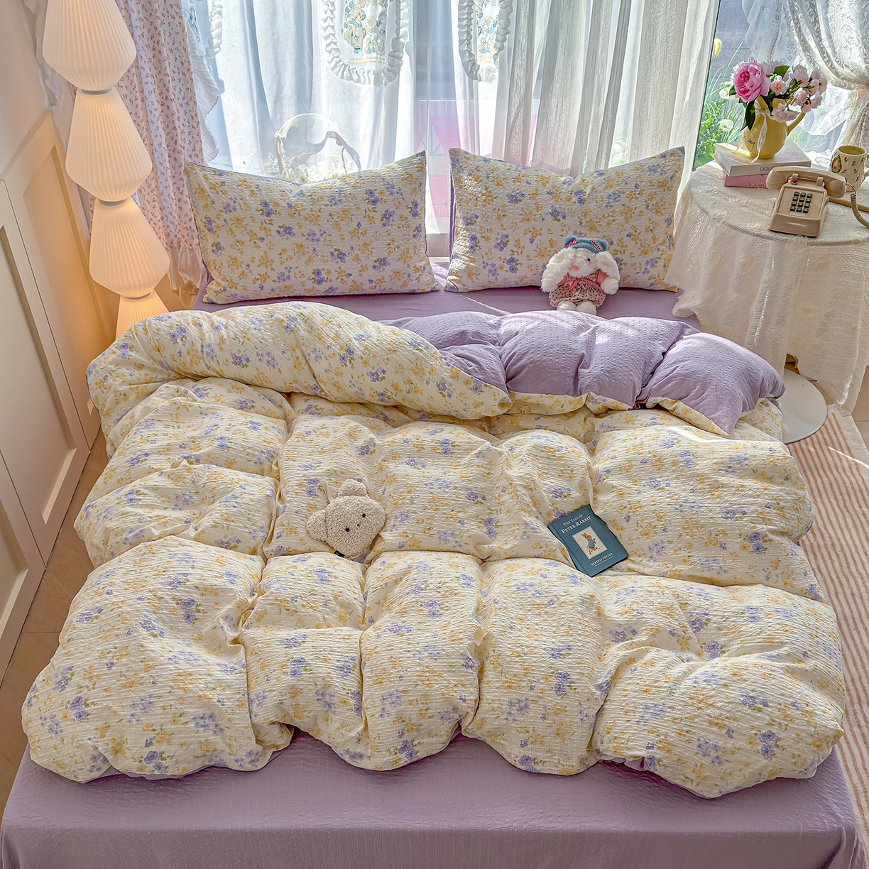 91家纺网 家纺一手货源 找家纺 竹合家纺 2026春夏新品高克重A类泡芙纱泡泡皱皱纱四件套 紫萱花开