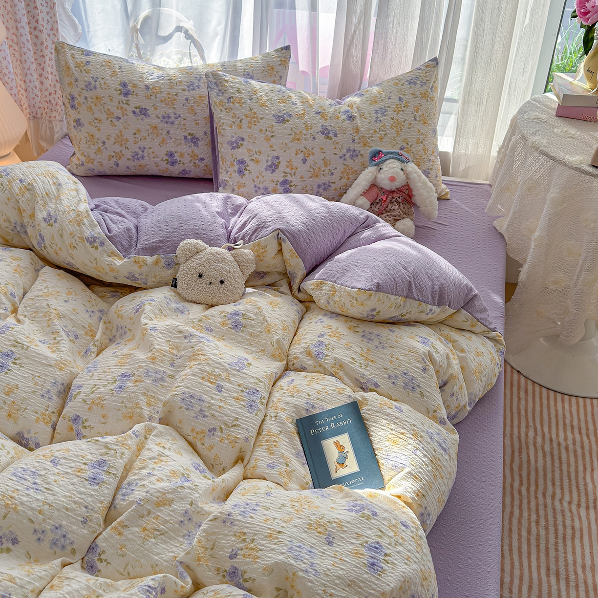 91家纺网 家纺一手货源 找家纺 竹合家纺 2026春夏新品高克重A类泡芙纱泡泡皱皱纱四件套 紫萱花开