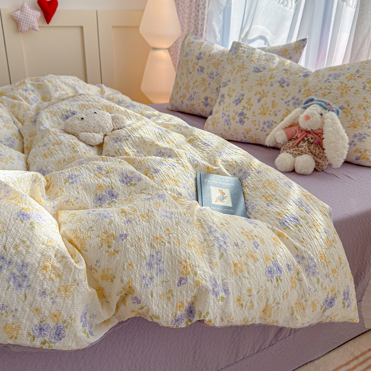 91家纺网 家纺一手货源 找家纺 竹合家纺 2026春夏新品高克重A类泡芙纱泡泡皱皱纱四件套 紫萱花开