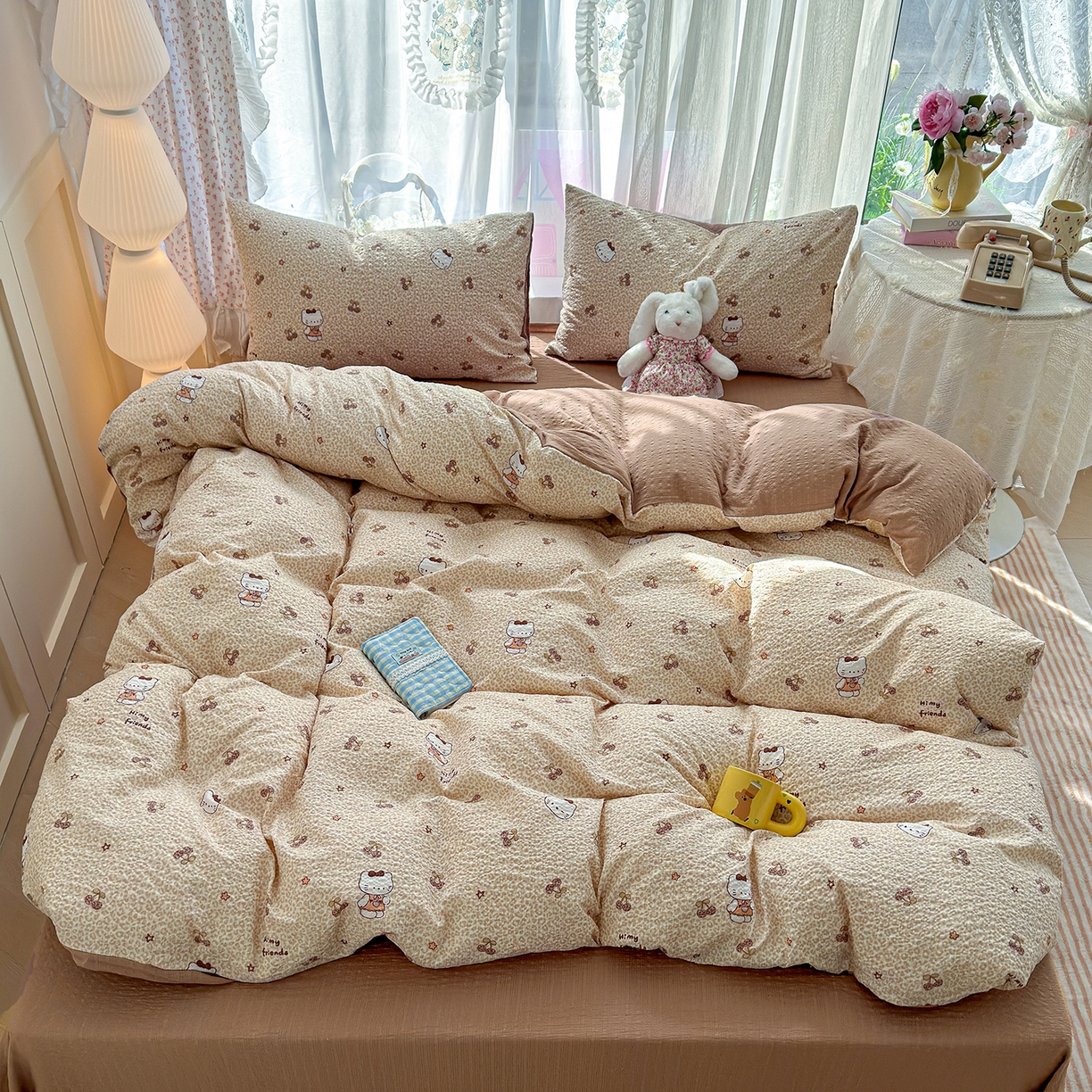 91家纺网 家纺一手货源 找家纺 竹合家纺 2026春夏新品高克重A类泡芙纱泡泡皱皱纱四件套 豹纹KT猫