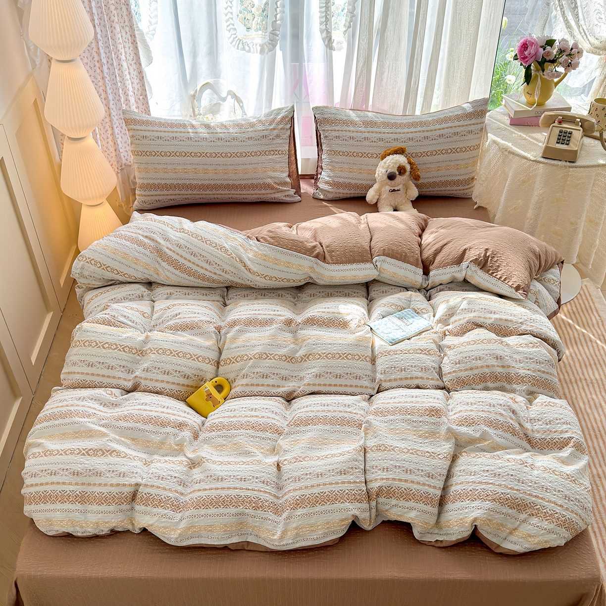 91家纺网 家纺一手货源 找家纺 竹合家纺 2026春夏新品高克重A类泡芙纱泡泡皱皱纱四件套 波西米亚蓝