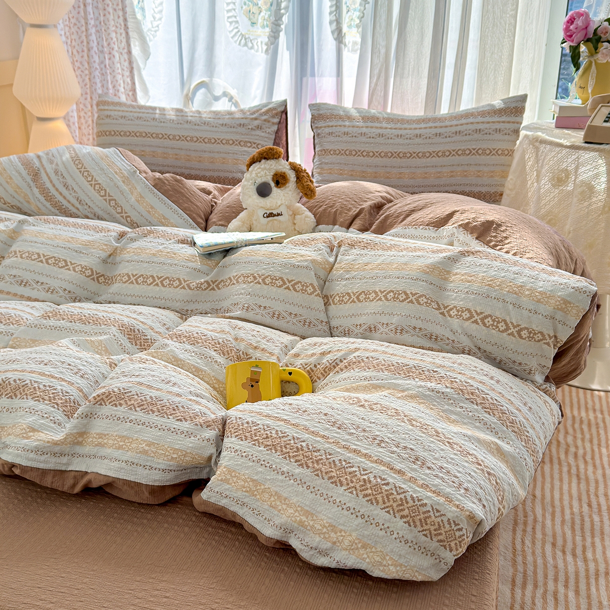 91家纺网 家纺一手货源 找家纺 竹合家纺 2026春夏新品高克重A类泡芙纱泡泡皱皱纱四件套 波西米亚蓝