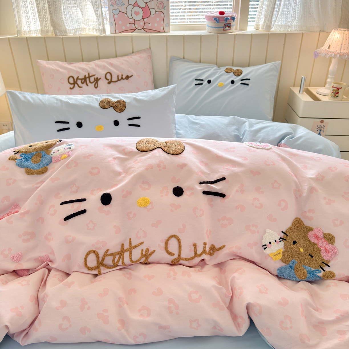 优彩 2026新款全棉数码印花毛巾绣贴布绣四件套 豹纹猫咪-粉