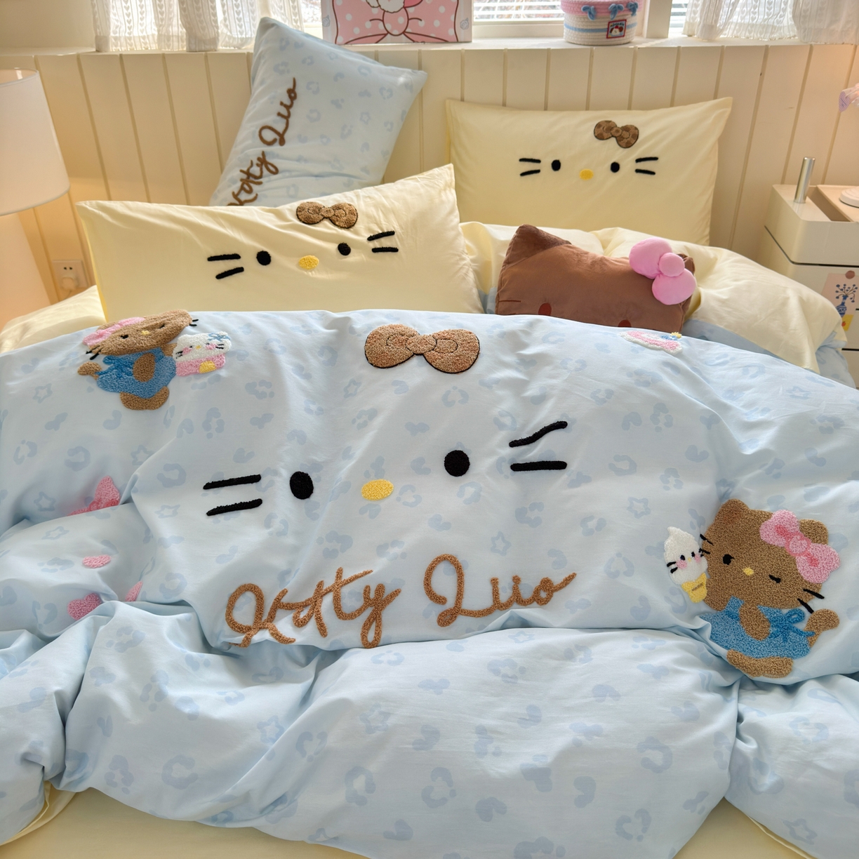 优彩 2026新款全棉数码印花毛巾绣贴布绣四件套 豹纹猫咪-蓝